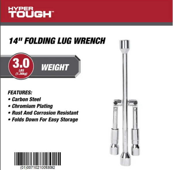 Hyper Tough Heavy Duty Folding Lug Wrench, Carbon Steel, 14-inch Tire Iron, Chrome