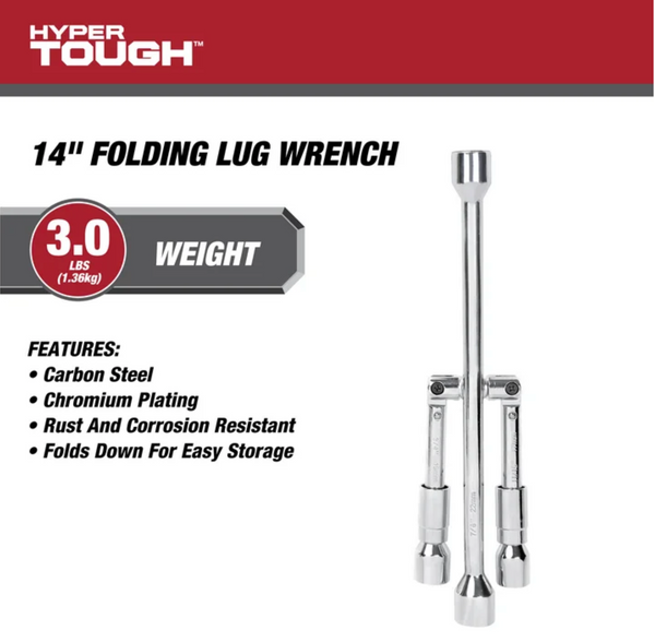 Hyper Tough Heavy Duty Folding Lug Wrench, Carbon Steel, 14-inch Tire Iron, Chrome