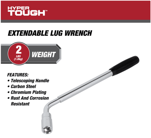 Hyper Tough Heavy Duty Extendable Lug Wrench, 15 to 22-inch Tire Iron, Chrome