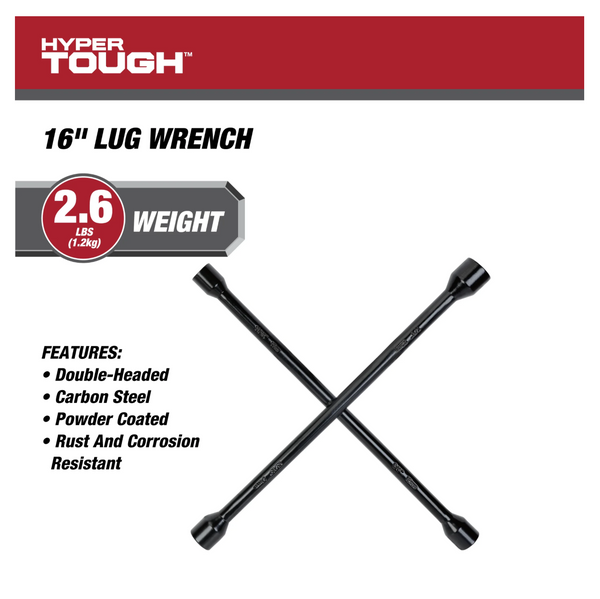 Hyper Tough Heavy Duty Lug Wrench, Carbon Steel, Tire Iron 16-inch, Black