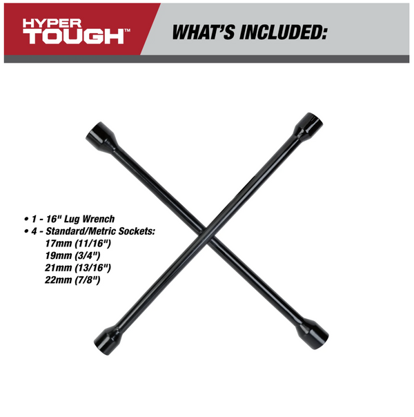 Hyper Tough Heavy Duty Lug Wrench, Carbon Steel, Tire Iron 16-inch, Black