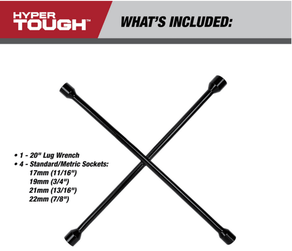 Hyper Tough Heavy Duty Lug Wrench, Carbon Steel, Tire Iron 20-inch, Black
