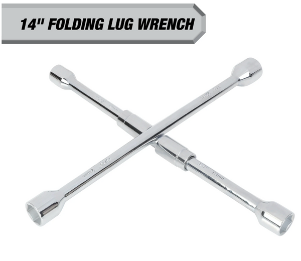 Hyper Tough Heavy Duty Folding Lug Wrench, Carbon Steel, 14-inch Tire Iron, Chrome