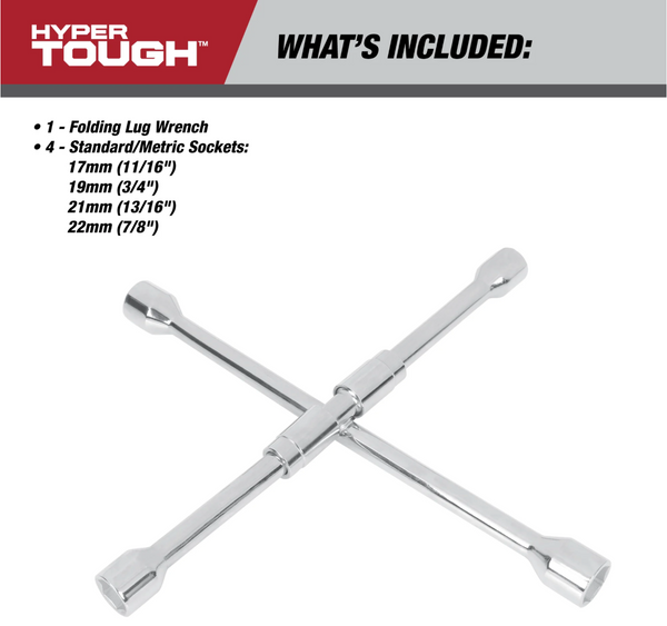Hyper Tough Heavy Duty Folding Lug Wrench, Carbon Steel, 14-inch Tire Iron, Chrome