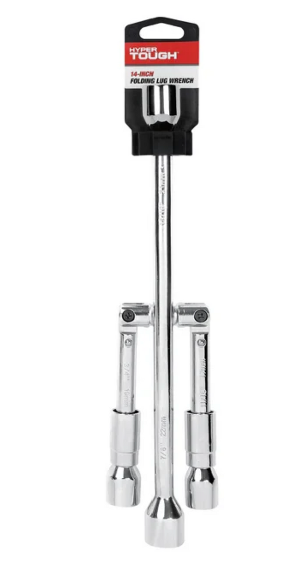 Hyper Tough Heavy Duty Folding Lug Wrench, Carbon Steel, 14-inch Tire Iron, Chrome
