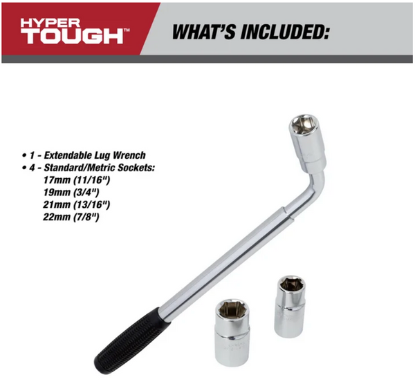 Hyper Tough Heavy Duty Extendable Lug Wrench, 15 to 22-inch Tire Iron, Chrome